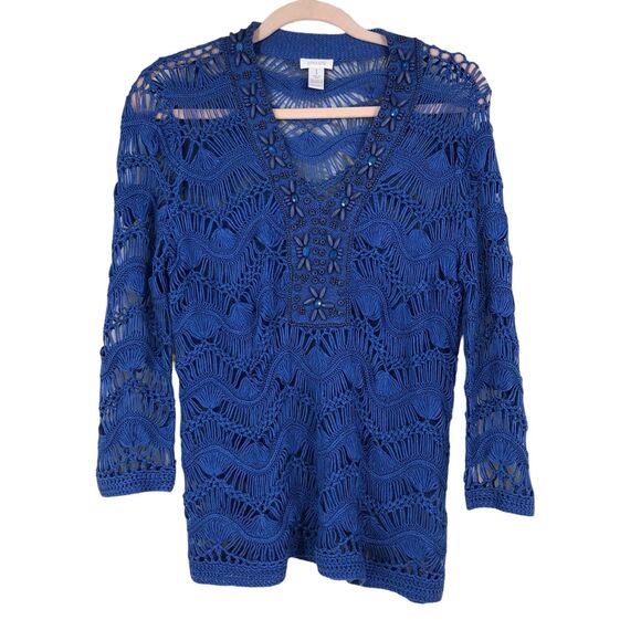 Chico’s Royal Blue Jodi Popover Crocheted Top w/Jewel V-Neck SZ 1 - Picture 3 of 9